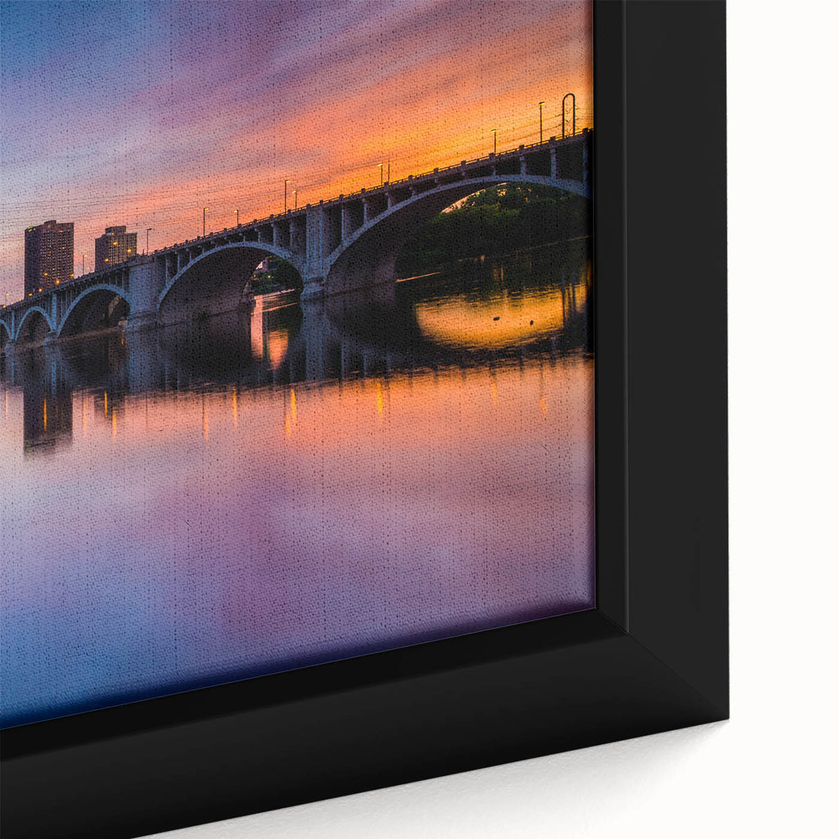 Extra large black wall art of Minneapolis skyline on textured canvas, featuring vibrant colors, ideal for living room decor.