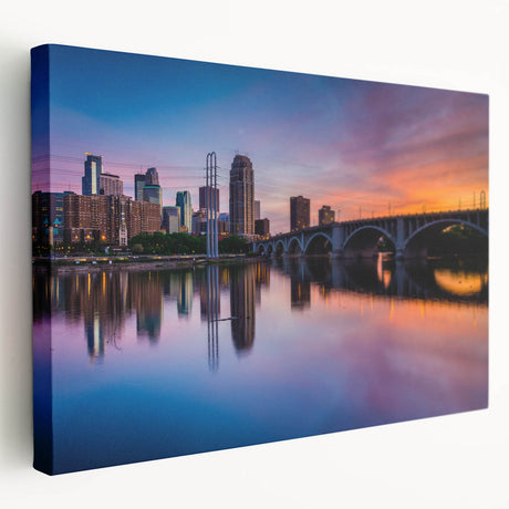 Large art depicting the Minneapolis skyline in muted blue and gray tones on stretched canvas, ideal for kitchen wall art.