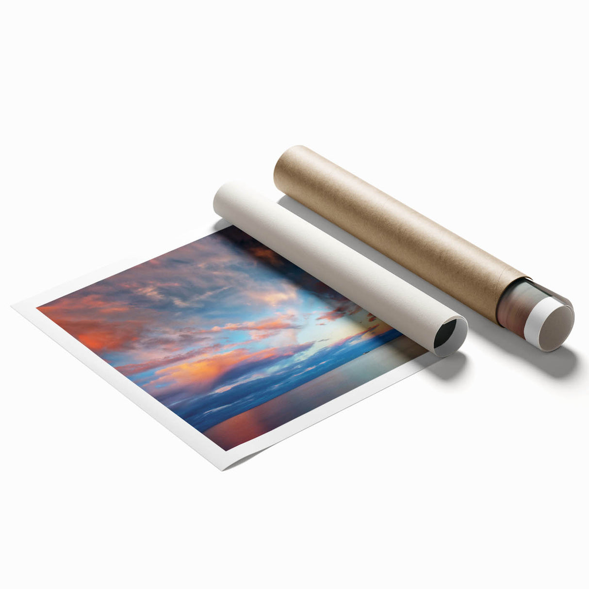 Extra large rolled print of a Minnesota lake scene with soft floral motifs in muted greens and blues.