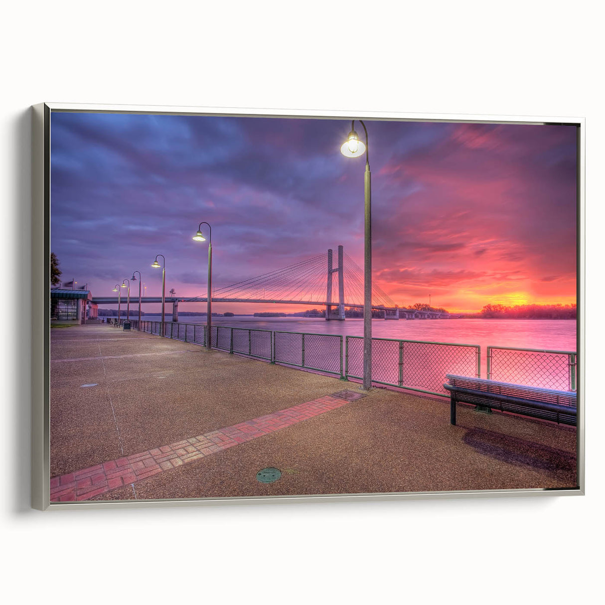 Framed canvas of a Mississippi landscape painting in muted earth tones, ideal for living room decor.