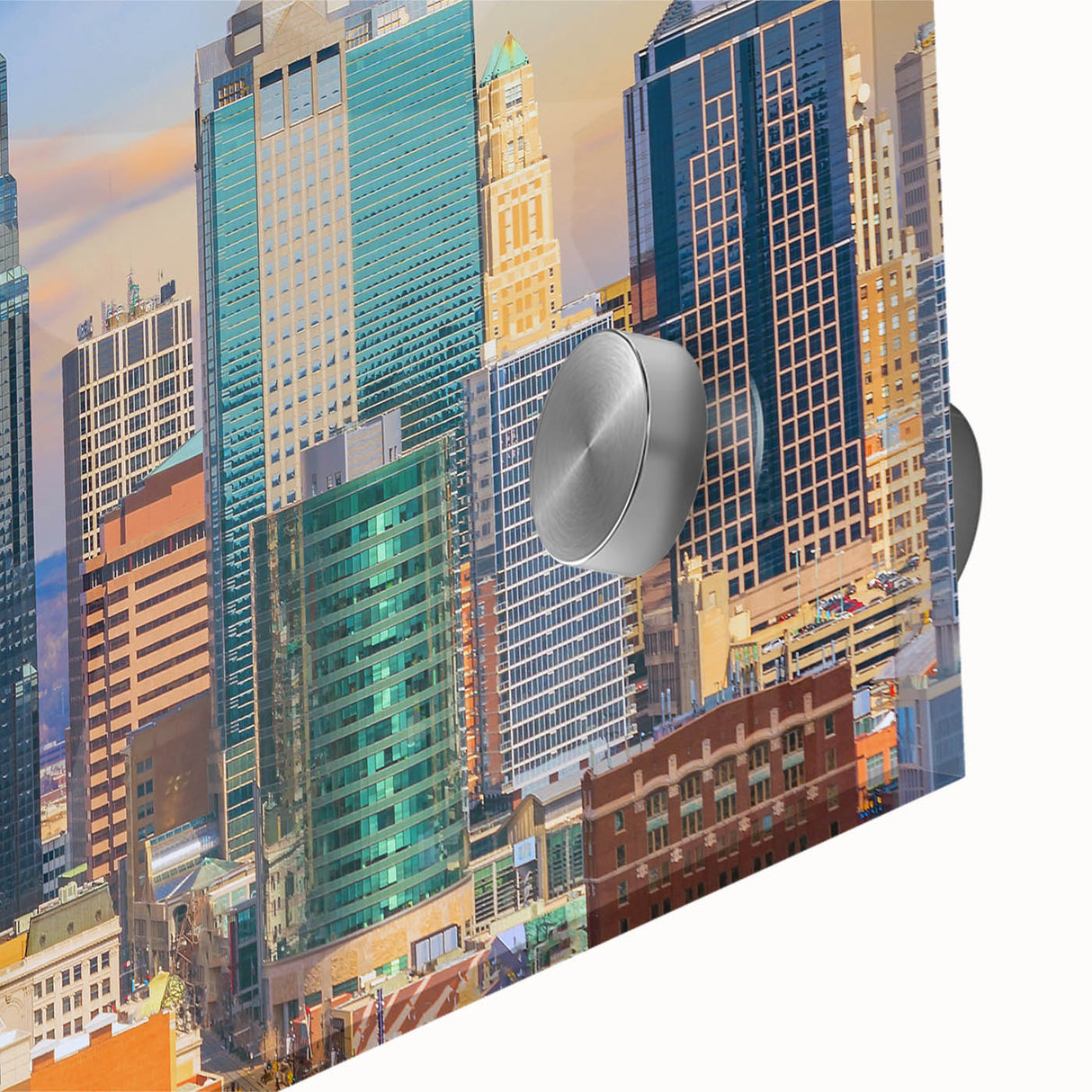 Large abstract depiction of Kansas City skyline in mid-century modernist style on acrylic glass, suited for dining room art.