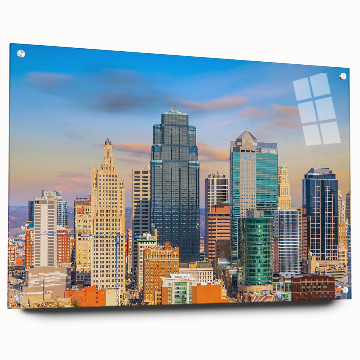 Acrylic print of a large abstract depiction of Kansas City skyline in muted blue and gray tones.