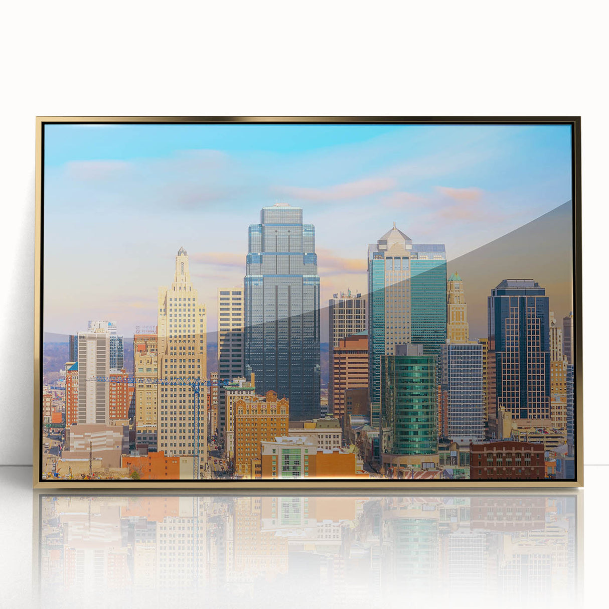 Mid-century modernist acrylic print of Kansas City skyline in muted gold tones, ideal for modern art wall decor.