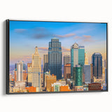 Black and white framed canvas of Kansas City landscape, ideal for bedroom wall art.