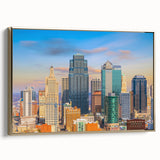 Framed canvas of Kansas City skyline in muted gold and black tones, suitable for bedroom wall art.