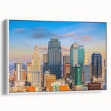 Vintage poster art of Kansas City skyline in vibrant colors on a large framed canvas, suitable for living room decor.