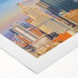 Art deco poster of Kansas City skyline in muted gold and blue tones on rolled canvas, suitable for dining room wall art.