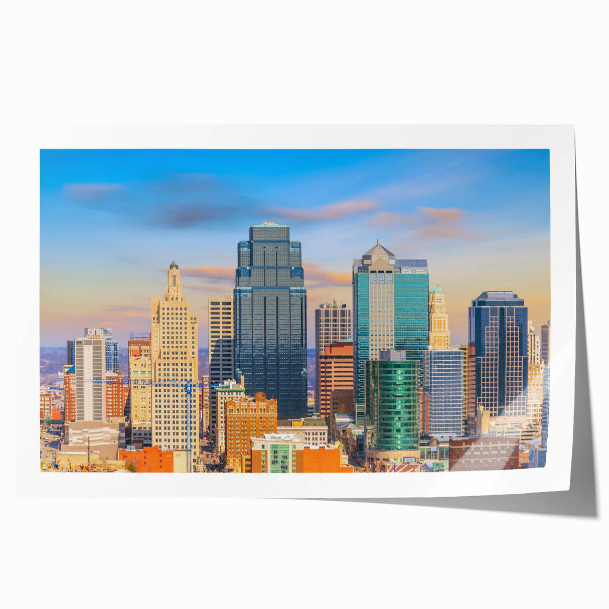 Rolled print of Kansas City skyline in muted gray tones, ideal for art wall dining room.
