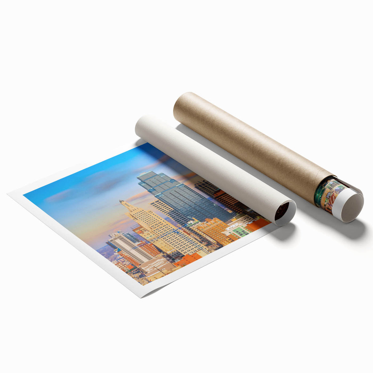 Extra large rolled print of Kansas City scenery with floral elements in soft pastel shades.