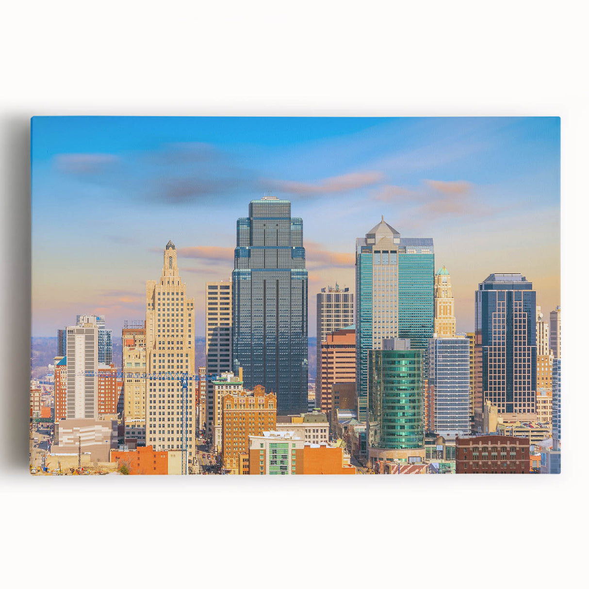 Black and white photo of Kansas City skyline on large stretched canvas, suitable for kitchen wall art or bedroom decor.
