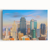 Black and white photo of Kansas City skyline on large stretched canvas, suitable for kitchen wall art or bedroom decor.