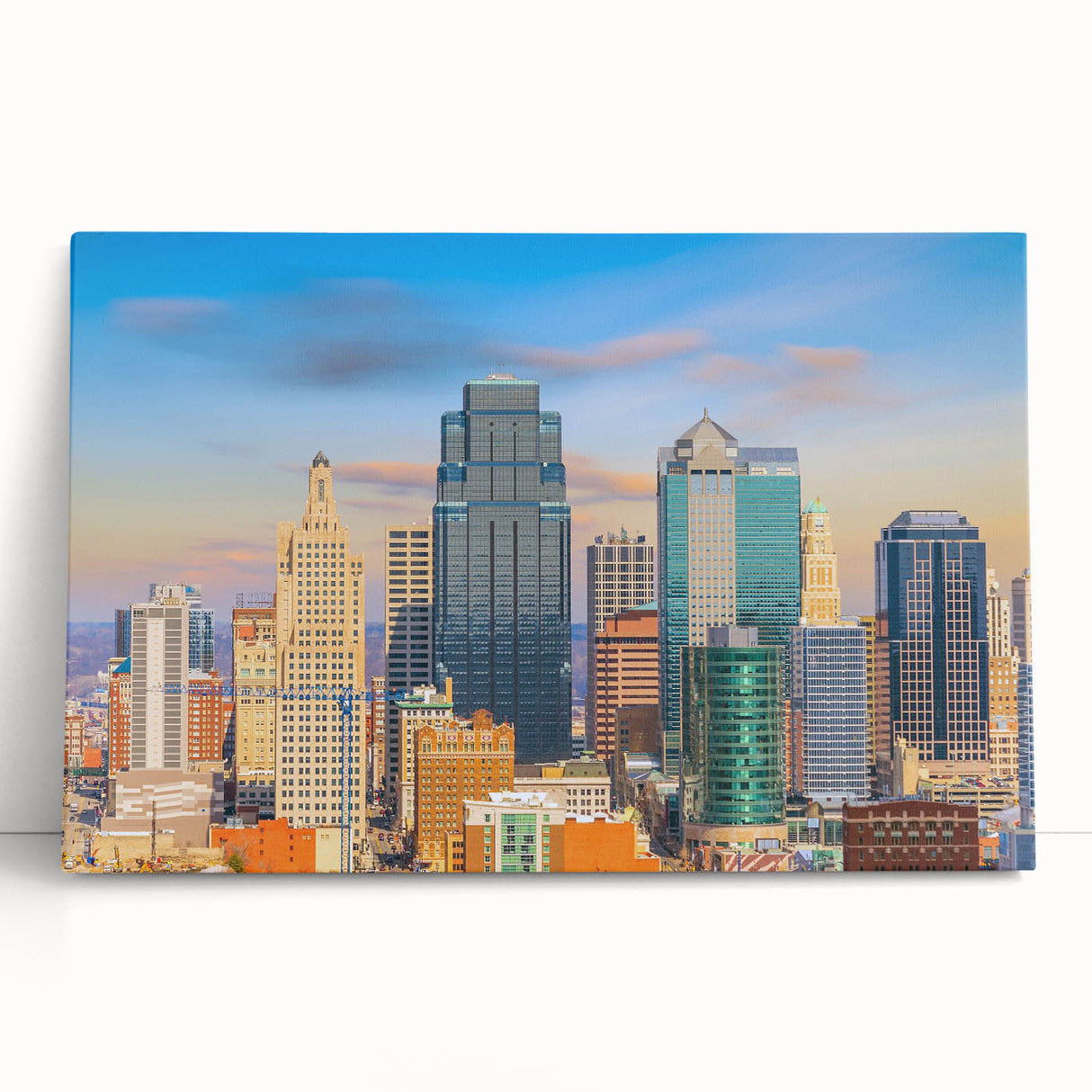 Black and white photo of Kansas City skyline on large stretched canvas, suitable for kitchen wall art.