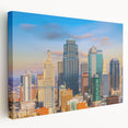 Kansas City skyline in muted gray and blue tones on a large stretched canvas, ideal for kitchen wall art.