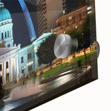 Large abstract depiction of St. Louis skyline in muted blues and greens on acrylic glass, suited for dining room art.