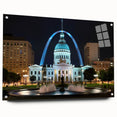 Acrylic print of the St. Louis skyline in muted blues and grays, ideal for modern bedroom or dining room decor.