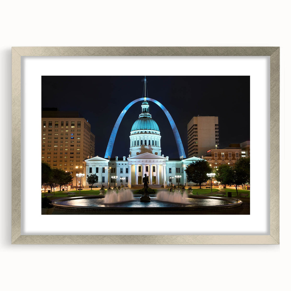 Textured abstract art print of St. Louis skyline in muted gray tones, framed in silver, ideal for bedroom art.