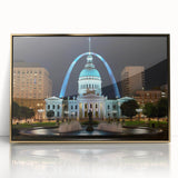 Acrylic print of St. Louis skyline with gold frame, featuring mid-century modernist style, ideal for modern art wall decor.