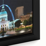 Framed canvas depicting a textured skyline of St. Louis in black with colorful accents, ideal for large living room decor.