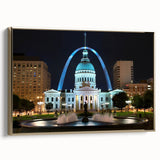 Framed canvas of St. Louis skyline in black and gold tones, ideal for bedroom wall art.
