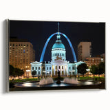 Framed canvas of St. Louis skyline in vintage poster style with black and colorful art palette, ideal for living room decor.