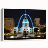 Vintage poster art of St. Louis skyline in vibrant colors on a large framed canvas, ideal for living room decor.