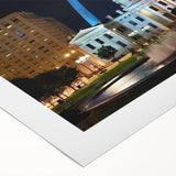 Art deco poster of St. Louis skyline in muted gold and blue tones on rolled canvas, suitable for dining room wall art.