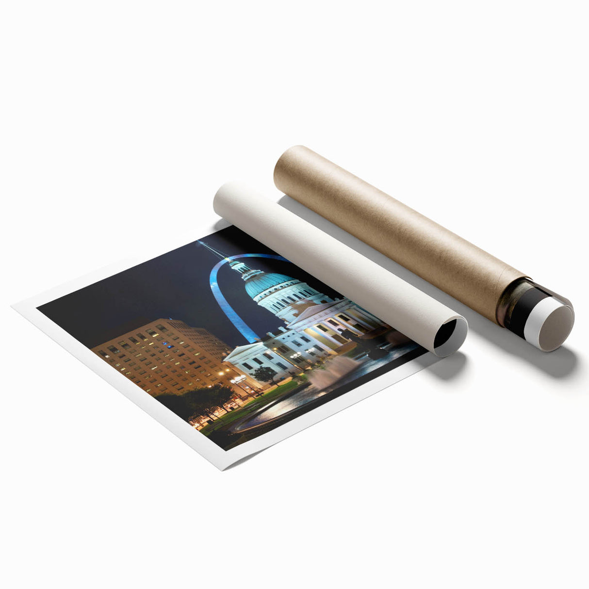 Rolled print of St. Louis skyline in muted blue tones, ideal for classy bathroom wall art.