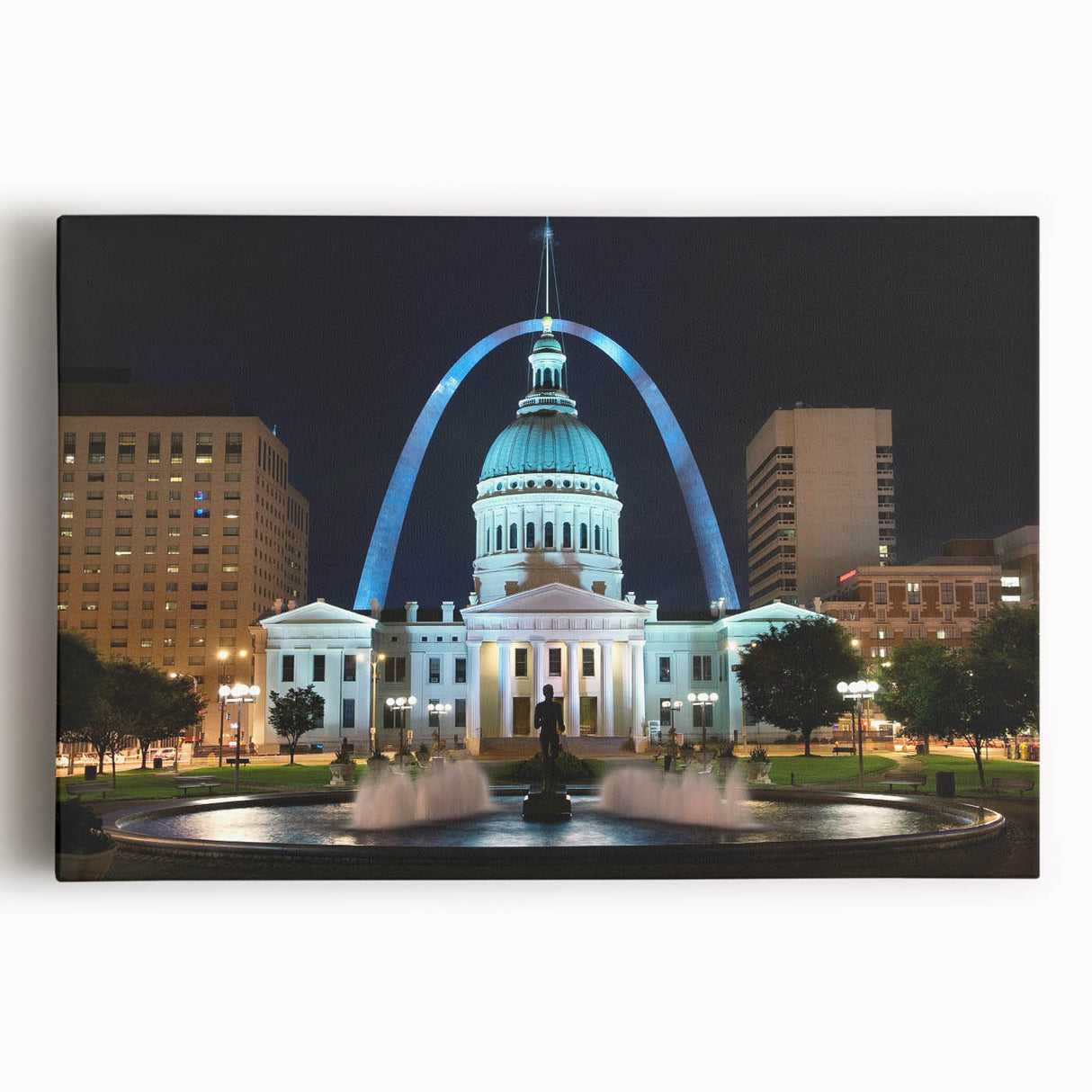 Black and white stretched canvas of the St. Louis skyline, ideal for kitchen wall art.