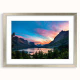 Textured art print of Glacier National Park in muted earth tones on a framed canvas, suitable for bedroom decor.