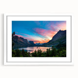 Abstract art print featuring serene Montana Glacier landscape in soft blue and white tones, framed with a white mat.