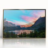 Large art print of Glacier National Park in muted earth tones on a gold-framed acrylic, ideal for modern art wall decor.