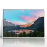 Acrylic print of Glacier National Park with muted green and blue tones in an art deco style, ideal for modern art wall decor.