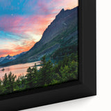 Black wall art featuring a textured depiction of Montana's Glacier scenery on a framed canvas, using colorful art tones.