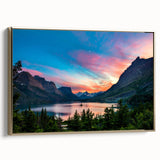 Framed canvas landscape art painting of Glacier National Park in Montana, featuring vibrant natural hues and a golden frame.