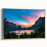 Framed canvas depicting a serene Glacier National Park landscape in muted earth tones, ideal for bedroom wall art.