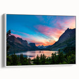 Framed canvas depicting a vintage poster art of Montana Glacier with colorful art palette, ideal for living room decor.