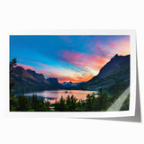 Extra large rolled print of Glacier National Park with lush greenery and mountain backdrop, ideal for art wall dining room.