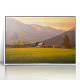 Framed acrylic print of a serene Montana landscape in soft pastel colors, ideal for modern art wall decor in a nursery.