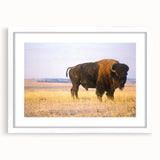 Abstract art print of Nebraska scenery in muted earth tones on a framed white mat, suitable for dining room decor.