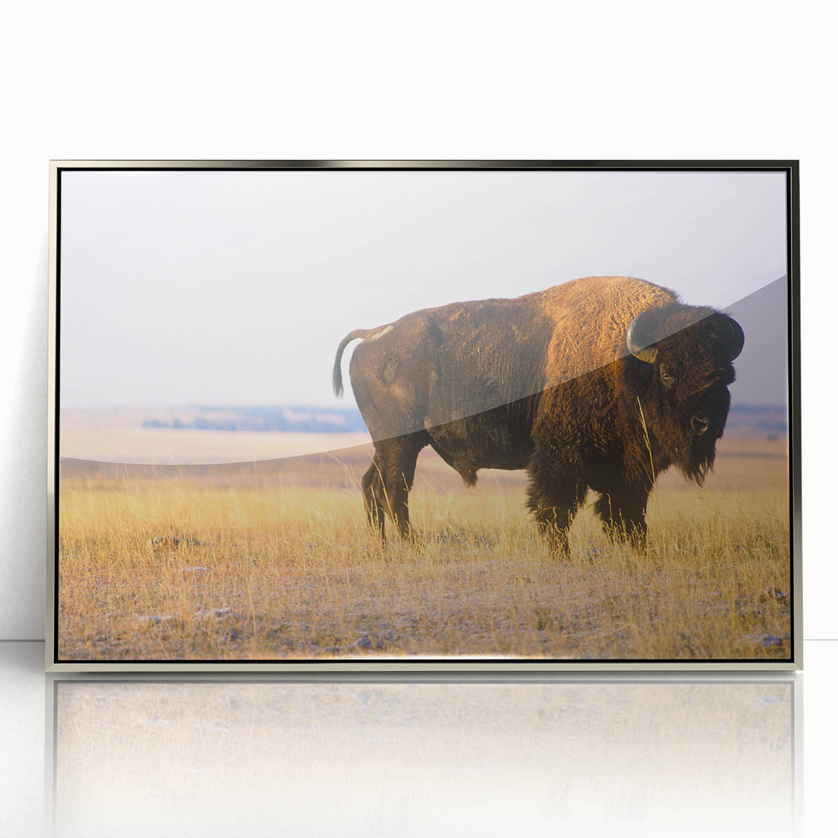 Mid-century modernist art of Nebraska scenery in silver-framed acrylic, featuring soft pastel shades.