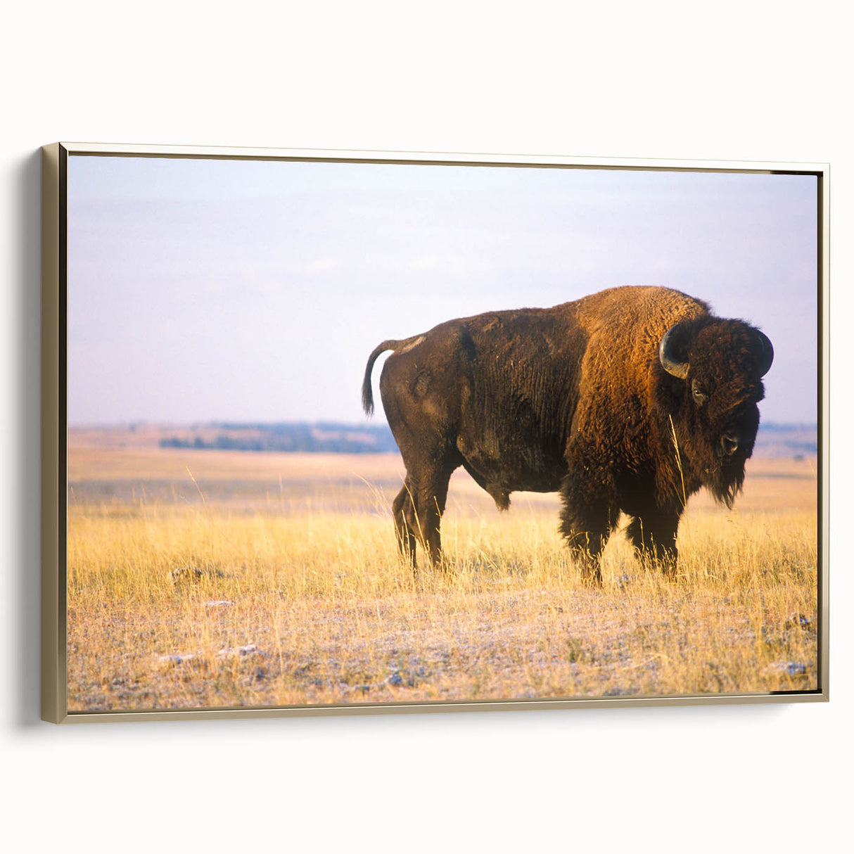 Framed canvas depicting a Nebraska landscape in muted earth tones, ideal for bedroom wall decor.