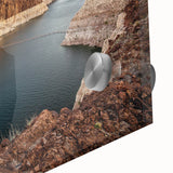 Mid-century modernist style large abstract depiction of Hoover Dam in muted earth tones on acrylic glass.