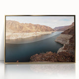 Framed acrylic print of Hoover Dam in gold and blue tones, ideal for modern art wall decor.
