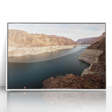 Art deco poster of Hoover Dam in muted blue and gray tones on framed acrylic, suitable for modern art wall decor.