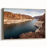 Framed canvas of Hoover Dam in gold and black tones, vintage poster style, ideal for bedroom wall art.