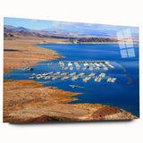 Large abstract depiction of Lake Mead in muted blue and green tones on acrylic glass.
