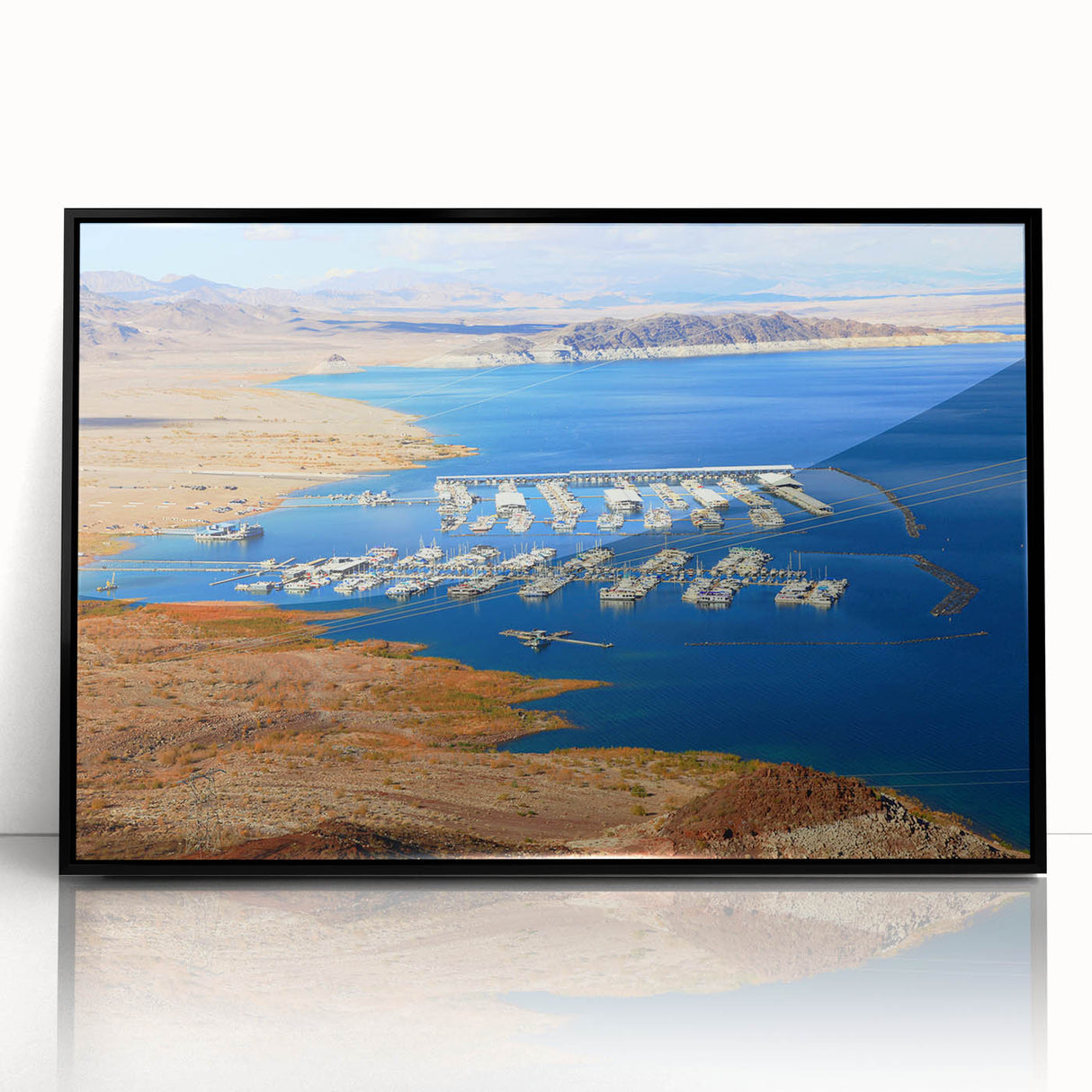 Large abstract wall art depicting Lake Mead, Nevada, in muted earth tones on a black framed acrylic.
