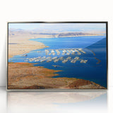 Framed acrylic print of Lake Mead with muted earth tones in a mid-century modernist style.
