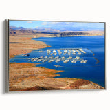Framed canvas of Lake Mead landscape art painting featuring vintage poster art style with vibrant color palette.