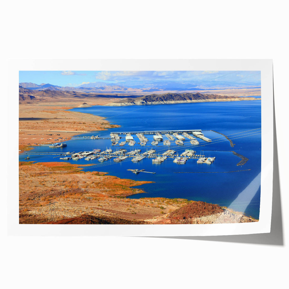 Scenic Lake Mead landscape print on rolled canvas, featuring muted blue and green tones, ideal for art wall dining room.